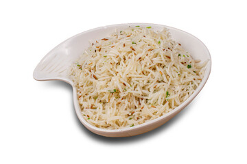 Jeera rice , basmati rice flavored with fried cumin seeds. isolated on white background.