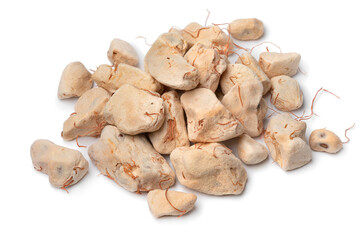 Heap of Baobab fruit pulp close up isolated on white background