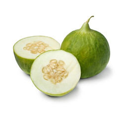 Whole and halved Italian Cumelo fruit, barattiera, isolated on white background close up