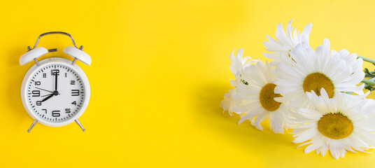 White alarm clock and bouquet of white chamomiles on the yellow background. Banner. Copy space.