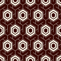 Honeycomb seamless pattern. Hexagon mosaic tiles ornament. Ethnic surface print. Repeated geometric figures background. Ornamental wallpaper. Modern geo design digital paper. Vector abstract art