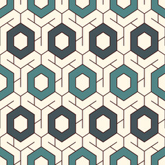 Honeycomb seamless pattern. Hexagon mosaic tiles ornament. Ethnic surface print. Repeated geometric figures background. Ornamental wallpaper. Modern geo design digital paper. Vector abstract work.