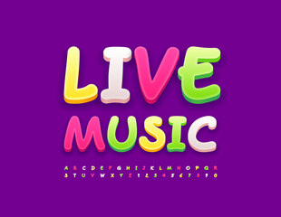 Vector colorful logotype Live Music. Modern creative Font. Bright funny Alphabet Letter and Numbers