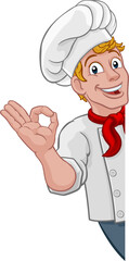 Chef Cook Baker Man Cartoon Peeking Around Sign