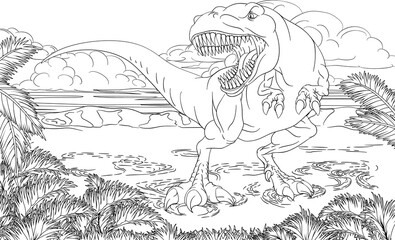 Dinosaur T Rex Scene Cartoon Coloring Book Page © Christos Georghiou