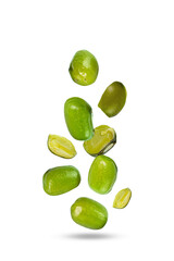 Group of whole and half cut green mung beans isolated on white background