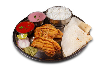 Bombay duck thali Served in a plate over white background. Selective focus.