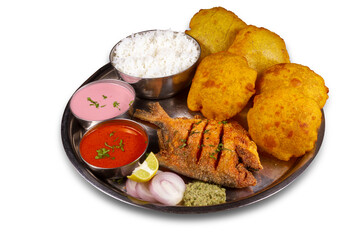 Pomfret thali Served in a plate over white background. Selective focus.
