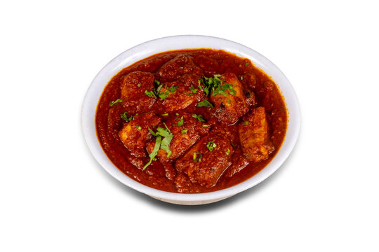 Spicy red mushi, mori or shark curry. Goan style mushi, mori or shark vindaloo. Butter mushi, mori or shark Makhani curry roast hot and spicy gravy dish Dhaba Punjab, India.
