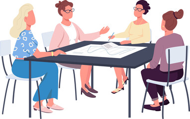 Female team on business meeting semi flat color raster characters. Active figures. Full body people on white. Teamwork isolated modern cartoon style illustration for graphic design and animation
