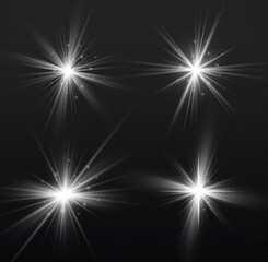 Set of glowing white stars bursts with sparkles. Sunlight special lens flare light effect. Shine, sparks, flash on transparent background. Glowing lights, star sparkl. Transparent shining sun. Vector.
