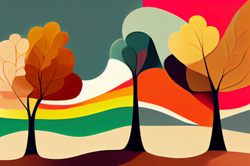Three abstract autumn trees. Flat illustration. Digital illustration