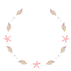 Hand painted frame of seashells. Watercolor seashells and starfish wreath suitable for decoration, baby shower, card, etc 