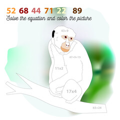Coloring game for children with a picture of a monkey on a tree. Educational game for elementary grades. Solve the equation and color.