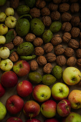 Harvest of nuts and apples. A large group of harvest garden nuts and fruits