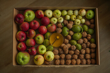 Autumn garden harvest. A spoon in transparent honey on a background of fresh apples and nuts
