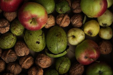 Storage of home harvest. Ukrainian harvest, peeled fresh walnuts and various natural apples in a box