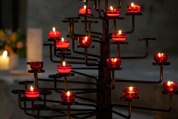Brennende Lichter an einem Kerzenständer in der Kirche