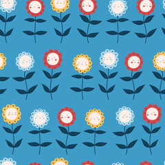 Fototapeta na wymiar Cute faces seamless pattern in hand-drawn style. Floral vector pattern design for kids fabrics. Flowers with happy faces. Doodle style. For textiles, clothing, bed linen, office supplies.