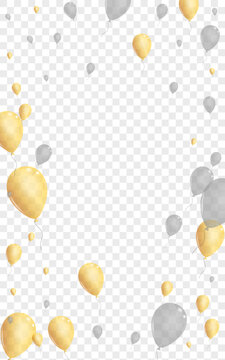 Golden Air Background Transparent Vector. Confetti Rubber Design. Gold Wedding Helium. Baloon Reflection Frame.