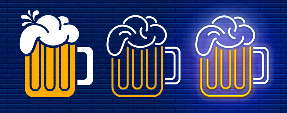 Beer mug with foam, set of flat design, outline style and with neon effect on blue brick wall background. Vector illustration