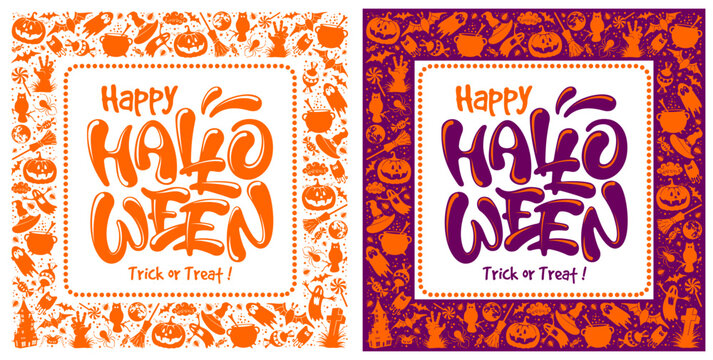 Happy Halloween square frame set. Holiday pattern with calligraphy lettering, pumpkin, ghost, bat, witch hat and cauldron and other. Isolated on white and violet background. Vector illustration