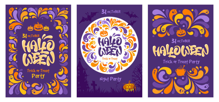 Happy Halloween template set. Holiday calligraphy with pumpkin, ghosts, place for text and bright decorative elements. For banner, poster, greeting card, party invitation. Vector illustration