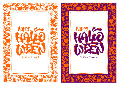Happy Halloween rectangle frame set. Holiday pattern with calligraphy lettering, pumpkin, ghost, bat, witch hat and cauldron and other. Isolated on white and violet background. Vector illustration