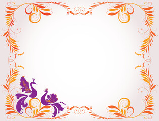 Greeting card with floral border from decorative leaves, tendrils and fantasy birds