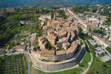 frontal aerial view of the medieval town of anghiari tuscany