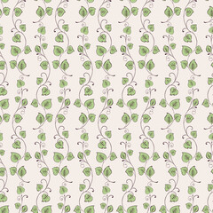 Seamless pattern from outlines delicate twigs with green leaves and tendrils