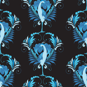 Seamless pattern of decorative fantasy floral blue birds