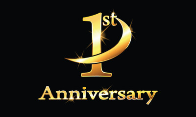 1 year anniversary celebration logo. 1st Anniversary celebration. Gold Luxury Banner of 1st Anniversary celebration. First celebration card. Vector anniversary