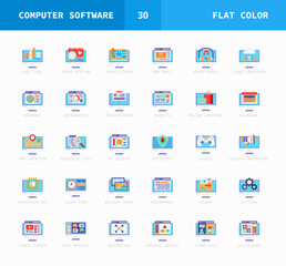 Software Computer flat color icons. Set of coding, website, video player, music and more. Can used for digital product, presentation, UI and many more. Vector illustration on a white background.