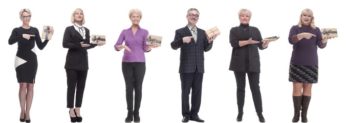 group of happy people with gifts in their hands isolated