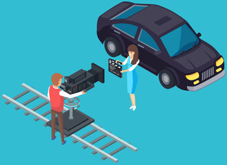 Black car on green screen backdrop in photo or film studio. Green background and lighting for movie filming. Chromakey with spotlights and automobile on set. Making film with vehicle, transport