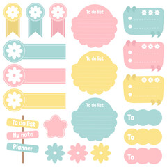 Cute paper notes. Stationary set. Scrapbook notes and cards.Printable planner stickers. To Do List note. Template for your message. Decorative planning element. Vector illustration.