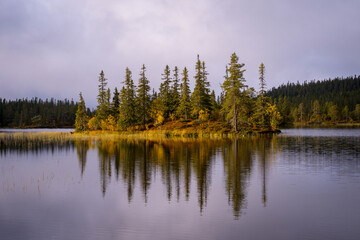 Fototapeta na wymiar An tree covered island in the Øyungen Lake of the Totenåsen Hills in autumn.