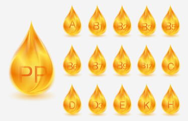 Vitamins vector icons set.Vitamin A, B1, B2, B5, B6, B9, B12, C, D, E, Ca, Cu, Fe, I, K, Mg, Na, P pill golden capcule icon. Vitamin complex and essential vitamins.Medicine advertising.