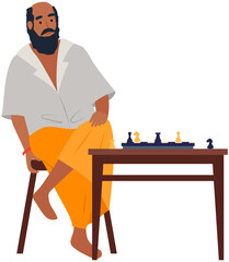 Indian adult man playing chess, clever bearded man sitting at table with chessboard and pieces isolated on white background. Asian male character spends free time with logic board game alone