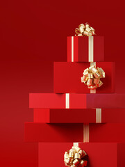 Minimal product background for Christmas, New year and sale event concept. Red gift box with golden ribbon bow on red background. 3d render illustration. Clipping path of each element included.