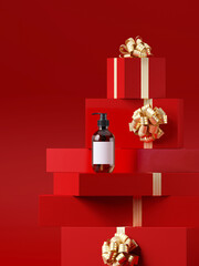 Minimal product background for Christmas, New year and sale event concept. Red gift box with golden ribbon bow on red background. 3d render illustration. Clipping path of each element included.