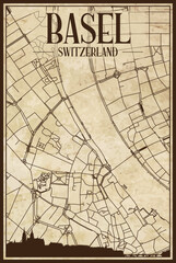 Brown vintage hand-drawn printout streets network map of the downtown BASEL, SWITZERLAND with brown city skyline and lettering