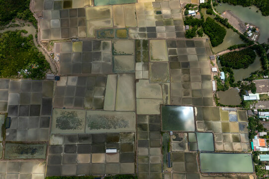 top down aerial view of Can Gio salt fields in Vietnam.