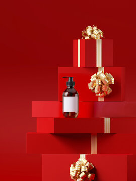 Minimal product background for Christmas, New year and sale event concept. Red gift box with golden ribbon bow on red background. 3d render illustration. Clipping path of each element included.