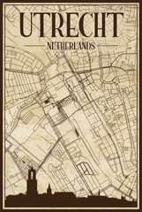 Brown vintage hand-drawn printout streets network map of the downtown UTRECHT, NETHERLANDS with brown city skyline and lettering