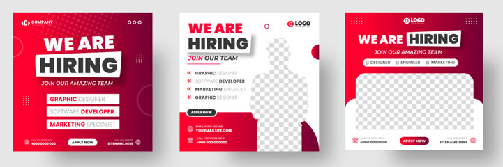 We are hiring job vacancy social media post banner design template with red color. We are hiring job vacancy square web banner design.