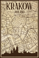 Brown vintage hand-drawn printout streets network map of the downtown KRAKOW, POLAND with brown city skyline and lettering