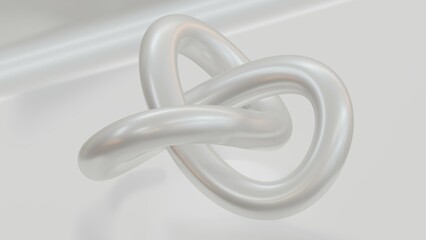 Abstract three-dimensional isometric white glossy torus knot, 3D rendering