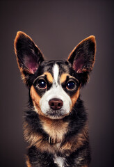 Photo of a dog in portrait, looking at the camera, monochrome background. Soft coat, glamour photo style, pet for advertising. Female and male dog photography.